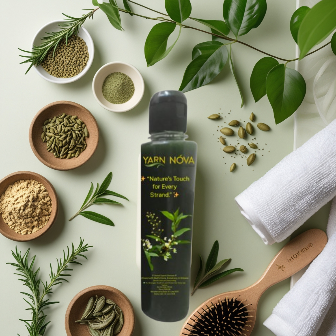 Yarn Nova Herbal Organic Shampoo bottle surrounded by natural ingredients including fenugreek, rosemary, and shikakai for natural hair care.